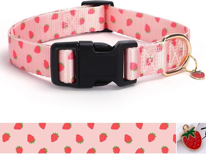 Pink Strawberry Pattern Dog Collar with Buckle Adjustable Safety Nylon Collars for Small Medium Large Dogs, Cute Stylish Girl Boy Christmas Dog Collar(Pink Strawberry,M)