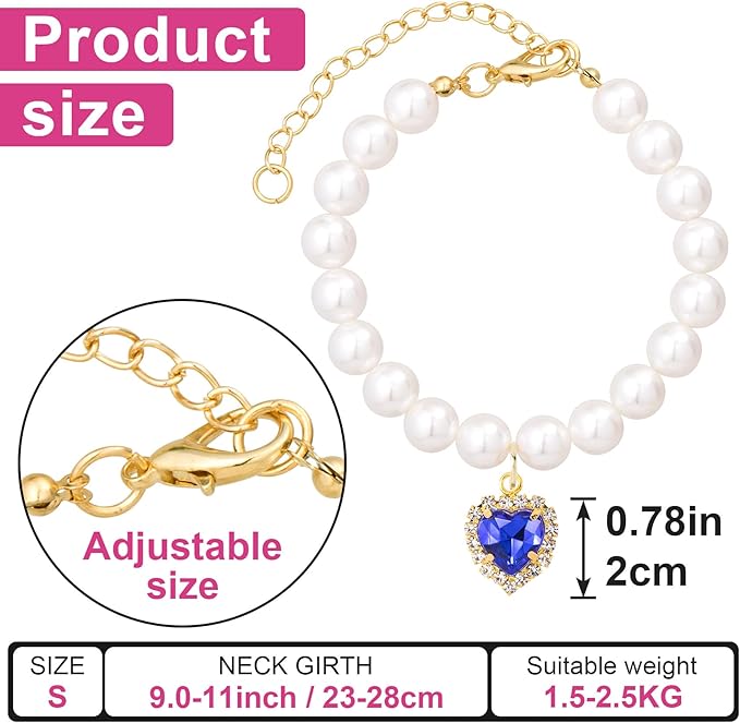 2pcs Cat Dog Pearl Collar, Small Heart Shape Rhinestone Pet Necklace, Adjustable Wedding Party Pet Jewelry Accessories for Puppy Small Cats- Blue & Green