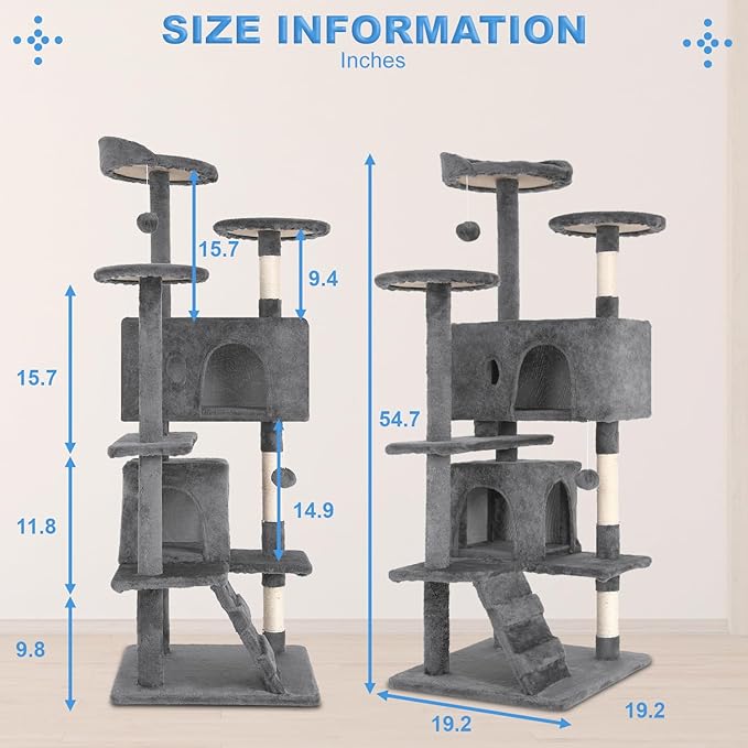 FDW | 54" Cat Tree Tower | Light Gray | Multi-Level Indoor Activity Center with Sisal Scratching Posts, Condos, Plush Perches, Hanging Cat Toys | Sturdy, Easy to Assemble | for Kittens & Adult Cats