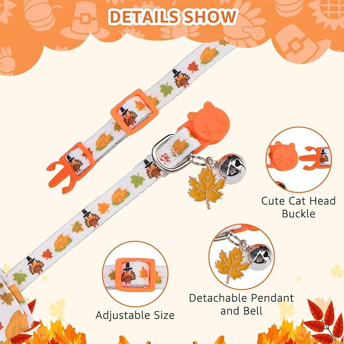 SCENEREAL Fall Thanksgiving Cat Bandana Collar with Bell Bowtie - 2 Pack Breakaway Kitten Collars, Adjustable Cute Pet Accessories for Cats and Small Dogs