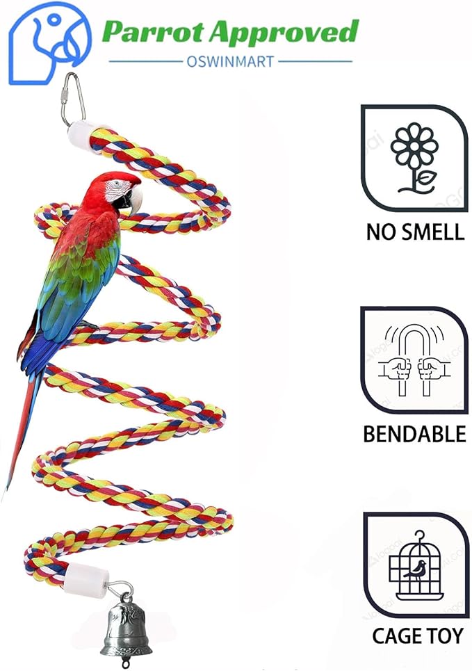 63'' Bird Rope Perches Birdcage Swing Toys 100% Cotton Natural Bird Perch Peck/Chewing with Vintage Bell Climbing Standing Bungee Parrot Toys for Small to Regular Size Parrot Cockatiel Birds