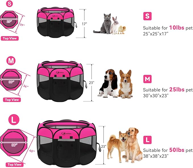Dog Playpen, Puppy Pet Playpens Indoor for Small Dogs Tent Crates Cage Indoor/Outdoor, Portable Pop Up Dog Kennel Playpen with Carrying Case for Dogs/Cats/Rabbits, Hot Pink