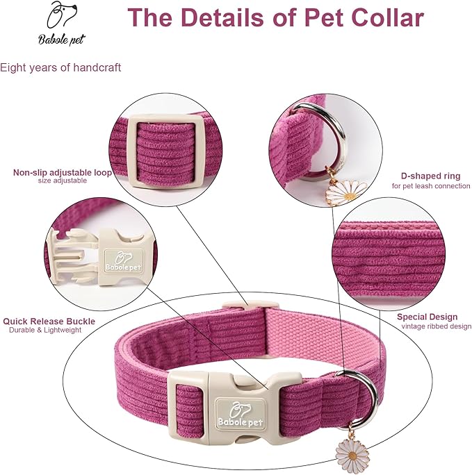 Cute Corduroy Dog Collar - Fuchsia Adjustable Dog Collars for Small Dogs 10-25lbs, Fade-Proof with Secure Snap & Little Charm, Christmas Birthday Gift, S
