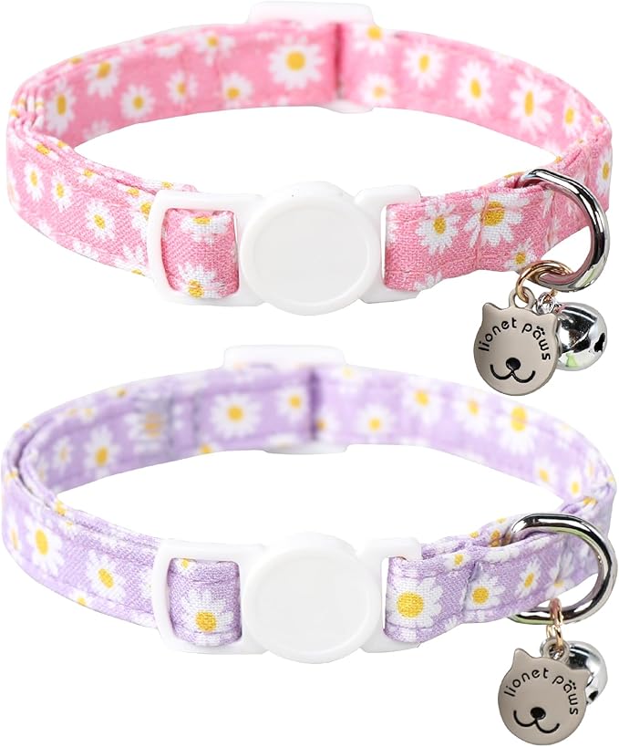 Lionet Paws 2pcs Pack Cotton Cat Collar,Breakaway Buckle with Daisy Pattern and Brand Pendant Cute Adjustable Cat Kitten Collar,Ideal for Girl Cats Boy Cats