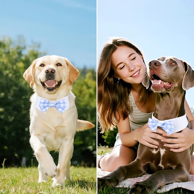 Segarty Dog Bow Tie for Neck Girth 12.6-15.7in, Adjustable Light Blue Plaid Bowtie Collar, Large Pet Necktie Tuxedo Comfortable Cotton Boy Pets Grooming Accessory Formal Wedding Holiday Birthday Party