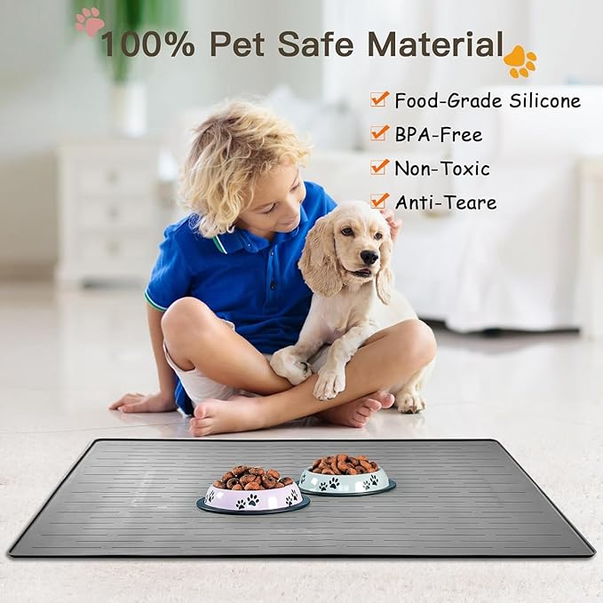 Largest Dog Food Mat, 48"x32" Silicone Dog and Cat Mat for Food and Water Bowls, Thinken Waterproof Non-Slip XXXL Pet Feeding Mat for Floors (Grayish White)