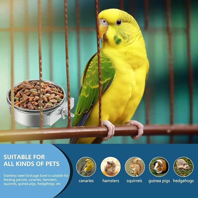 2Pcs Stainless Steel Bird Feeding Bowls, Small Bird Feeding Cup, Stainless Steel Parrot Food Bowl Cage with Holder, Parrot Cage Water Feeder, Pet Cage Cup Holder (Dia 4.72", 5.51",)