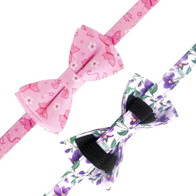 2 Pack Cotton Cat Collar with Bow Tie and Bell for Girl Boy Cats,Cute Pink Flamingo and Blue Whale Pattern Spring Summer Breakaway Cat Collar for Male Female Cats (Butterfly&Violet)