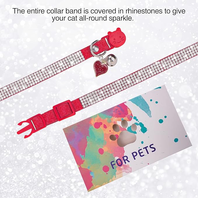 Rhinestone Cat Collar Breakaway with Bell, Diamond Cat Collar with Safety Buckle Quick Release for Girl Boy Small Kitten Pets Puppy,Cute Soft Female Male Cat Collars, Color Red 7-9"