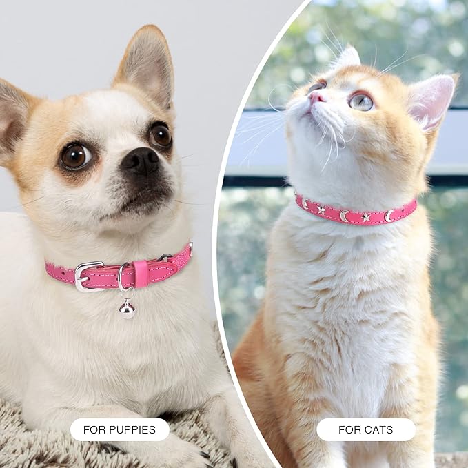 Leather Cat Collars for Boy Girl Cats with Bell and Safety Elastic Belt, Personalized Star and Moon Stud Adjustable Safe Buckle Collar for Kitty Small Big Cats Size 8-12 Inch, Rose