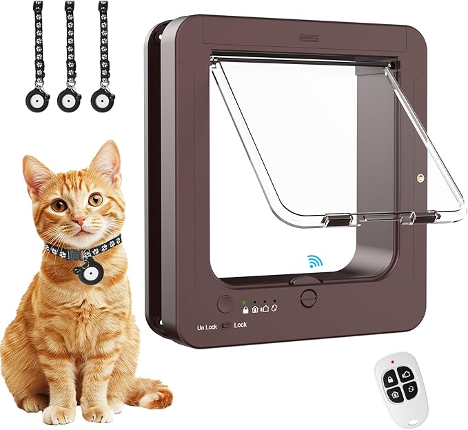 Smart Cat Door with 3 Collar Sensor, RFID Cat Door Collar Activated with Remote Control, 4 Way Locking Cat Flap Automatic Pet Door (Brown)