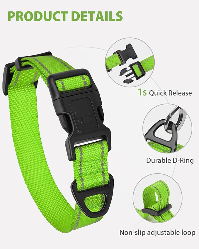 Joytale Reflective Dog Collar, Adjustable Nylon Pet Collar with Quick-Release Buckle for Medium Dogs, Green, M
