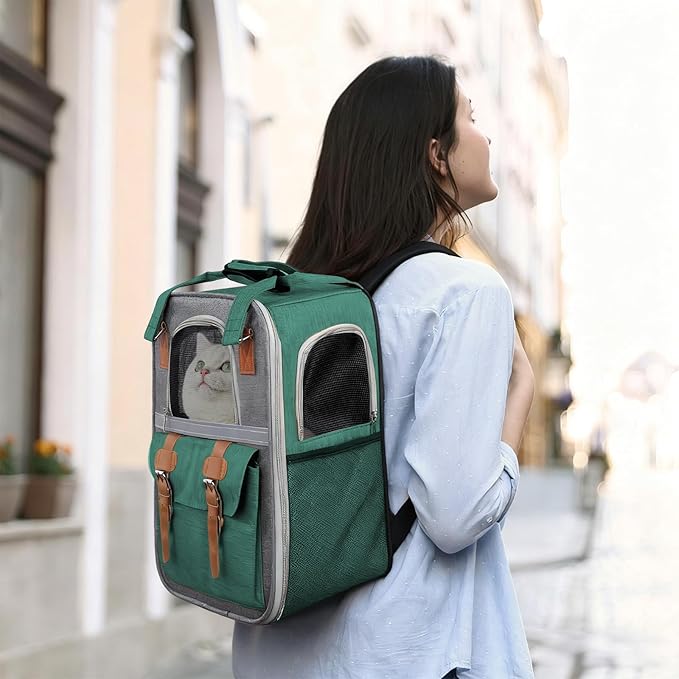 Cat Carrier Backpack, Airline Approved Mesh Dog Backpack with Breathable, Hiking, Travel, Camping, Pet Carriers Backpack for Large Cats and Small Dogs - Holds Pets up to 15 Lbs (Dark Green)