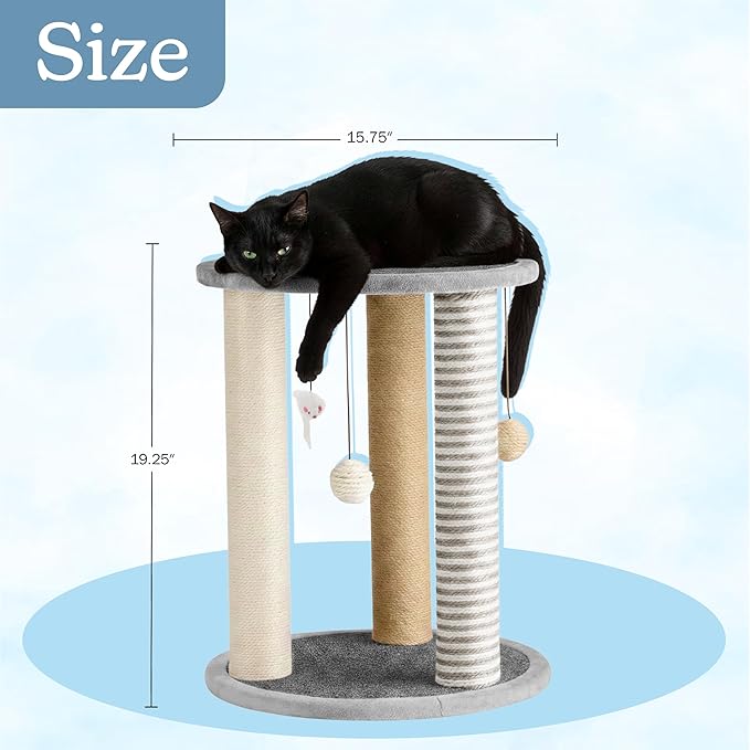 Cat Scratching Post - 3 Scratcher Posts with Carpeted Scratch Pad Base and Perch - Furniture Scratching Deterrent for Indoor Cats by PETMAKER (Gray)