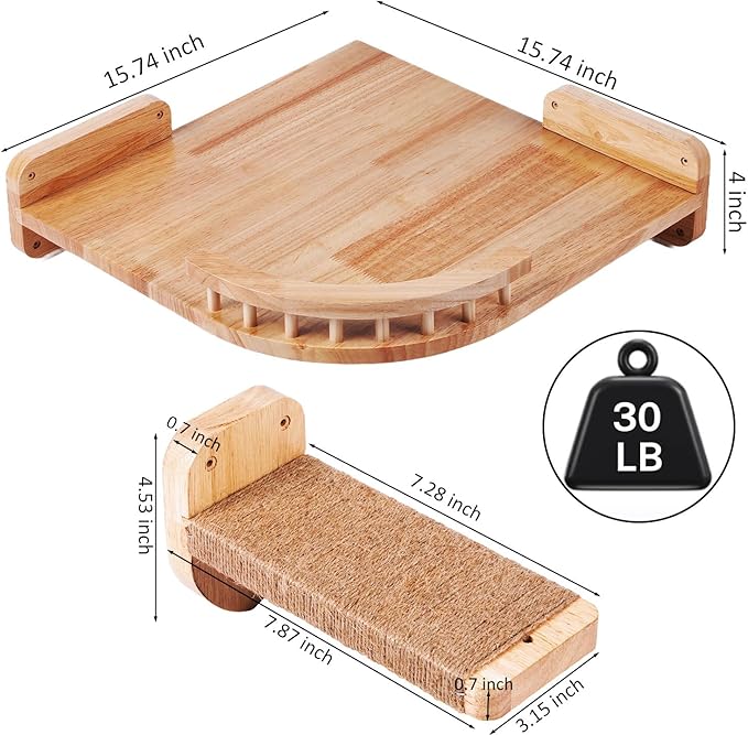 Cat Shelves - 3-Step Wall Climbing Set with Plush Bed, Ideal for Large Cats - RubberWood