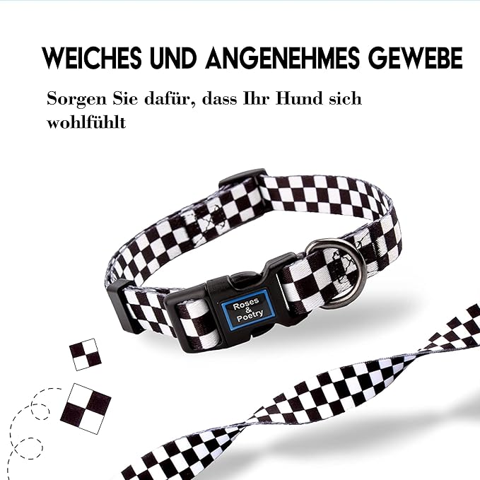 Roses&Poetry Dog Collar with Colourful Patterns, Adjustable Durable Puppy Collars for Small Medium Large Dogs (Black & White-L)