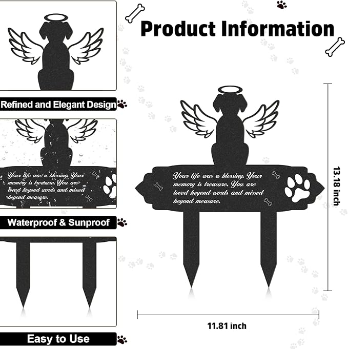 Dog Cemetery Decorations for Grave - Grave Garden Metal Decorations Memorial Dog Angel Wings Stakes Plaque Waterproof Black Grave Decoration Sympathy Garden Stake Markers Dog Grave Decor