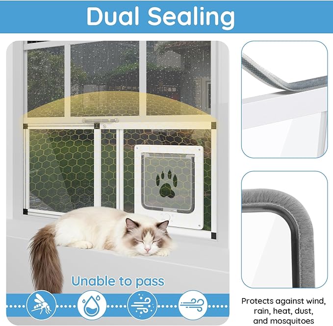 Sliding Cat Door for Window, Fits 32"-37" Width Window, 2-Min Install | Aluminum Frame + HD Glass | Weatherproof Design | Magnetic Closure Window Cat Door Insert, Adjustable Pet Door Window for Cats