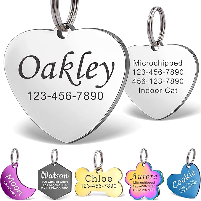 Anavia Personalized Pet ID Tags, Stainless Steel Glossy Laser Engraved Dog Cat Collar Name Tags, Multiple Colors Shapes Sizes (Heart, Regular)