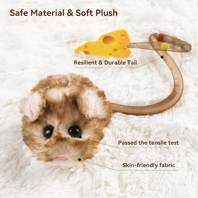 Migipaws Interactive MigiMouse Cat Toy 360° Rolling & Spin with Wiggling Tail for Indoor Cats Smart Motion Sensor, Realistic Squeak, Rechargeable Plush Kitten Toy(Brown Long)