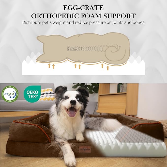 Comfort Expression Orthopedic Dog Bed for Extra Large Dogs 45x35 Inch, Waterproof Egg Crate Foam XL Pet Bed with Removable Bolsters, Dog Couch with Washable Cover & Non-Slip Bottom, Dark Brown