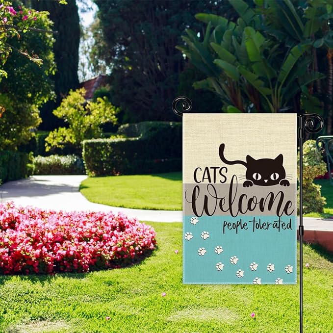 Cats Welcome People Tolerated Garden Flag, Pet Lover Porch Flag, Outdoor Home Decor Double Sided Yard Flags Banner for Patio Lawn, Cat Lovers Gifts for Women, Cat Owner Gifts