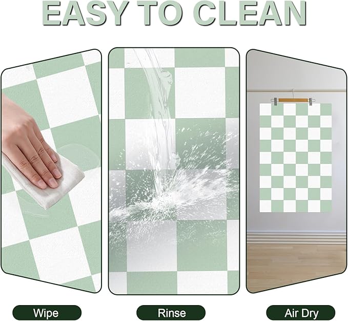Cat Food Mat - 12"x 20" Cat Dog Mats for Food and Water Bowl, Checkered Pet Placemat Feeding Mat, Non-Slip Under Pet Bowls Mats for Messy Drinkers, Green & White