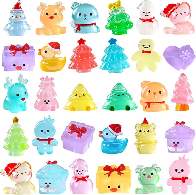 DIYDEC 40PCS Mini Christmas Luminous Figurines 40 Styles Christmas Resin Miniatures Glow in The Dark Tiny Figures to Hide Small Snowman Figures for Party Favors Bag Fillers Garden Dollhouse Decor