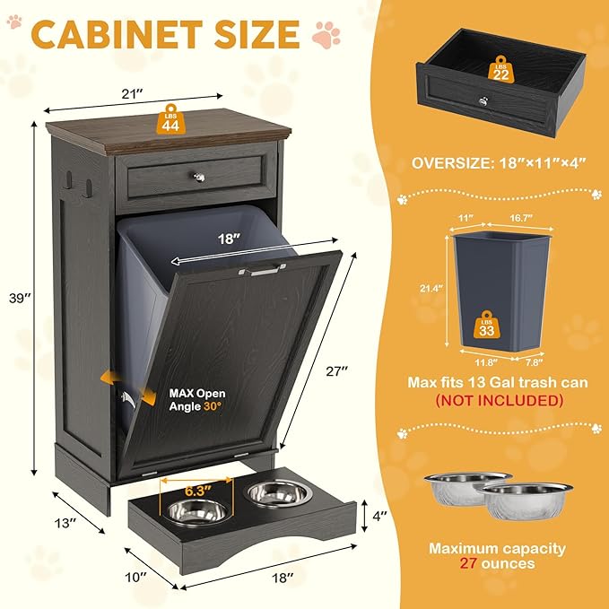 21’’W Dog Feeding Station with Storage, Tilt Out Dog Food Cabinet with Drawer, 2 Feeding Bowls, Pet Food Storage, Cat Feeding Station, Dogs Storage Organizer, (Black, Single Door)