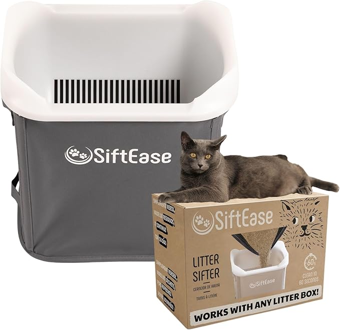 Cat Litter Sifter - SiftEase Litter Box Sifting, Fast & Easy Scoop Free Cleaner, Large Sifter with Bin for Longer Lasting Litter (Dark Grey)