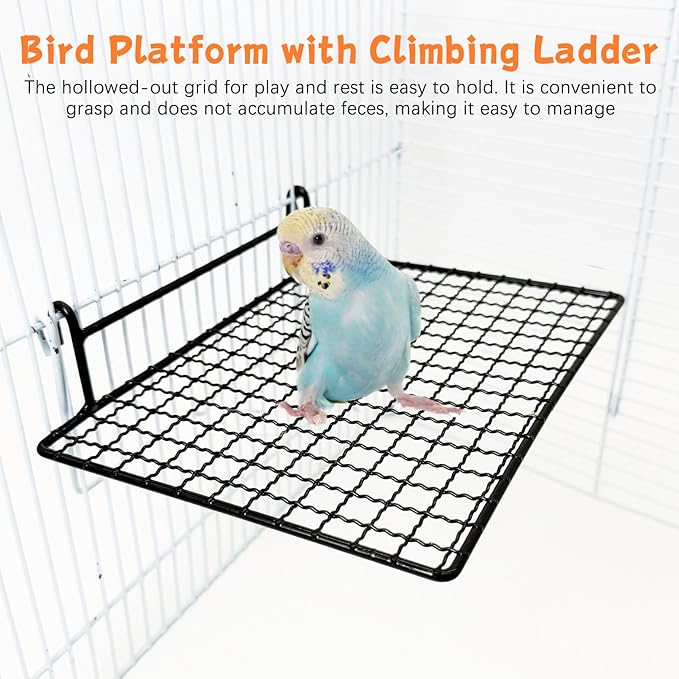 BNOSDM Stainless Steel Grid Platform for Parakeet 4 PCS Bird Perches Platform Parrot Stand with Climbing Ladder Bird Cage Accessories for Small to Large Birds (L)