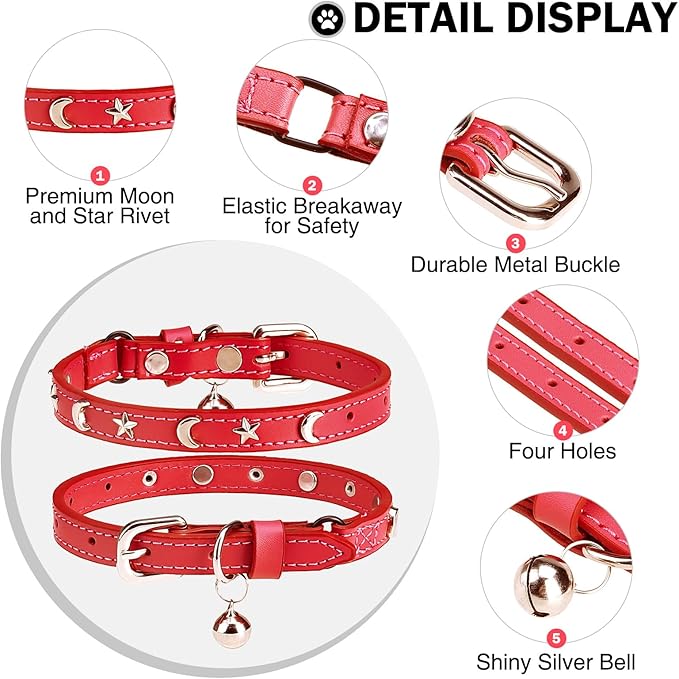 Leather Cat Collars for Boy Girl Cats with Bell and Safety Elastic Belt, Personalized Star and Moon Stud Adjustable Safe Buckle Collar for Kitty Small Big Cats Size 7-9 Inch, Red