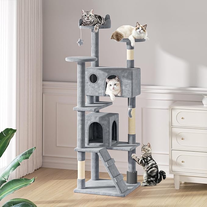 MoNiBloom 77 Inch Cat Tree Tower for Indoor Cats Large Adults, Tall Cat Tower with Scratching Post, Multi-Level Furniture Activity Center with Cat Condo Pet Play House, Light Grey