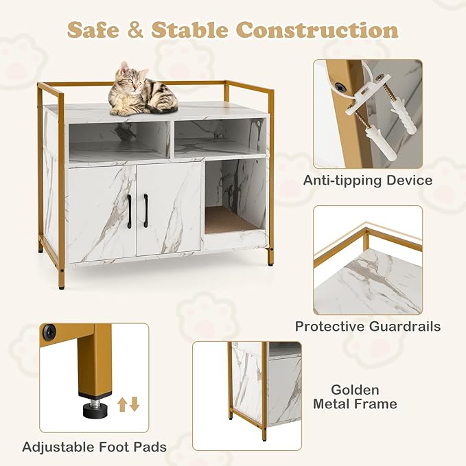 Giantex Cat Litter Box Enclosure - Cat Washroom Hidden Furniture with Front Entry, Scratcher, 2-Door Storage Cabinet, 2 Compartments, Air Vents, Metal Frame, Wooden Pet Crate House (Marble White)