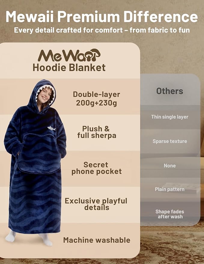 Mewaii Wearable Blanket Hoodie for Adults, Warm Sherpa & Soft Flannel Long Sweatshirt with Giant Pocket, Cozy Gifts for Women