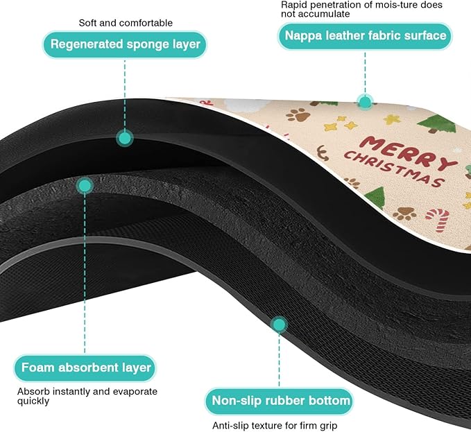 Christmas Dog Food & Water Mat, Paw Prints Santa Claus Snowman Xmas Pet Feeding Mat for Floor Non-Slip Waterproof, Super Absorbent Cat Bowl Mat, Easy to Clean Pet Placemat,16" × 24"
