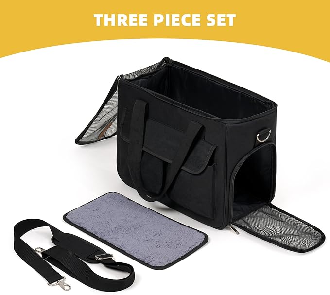 Cat & Dog Carrier for Pets Up to 15 Lbs, Airline Approved Soft-Sided Collapsible Pet Carrier for Cats & Dogs, Cat Carrier with Breathable Mesh, Padded Interior – Ideal for Car Rides, Daily Use(Black)