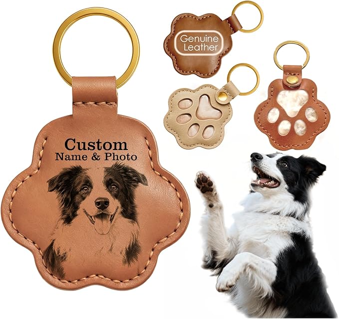 Personalized Pet Memorial Gifts for Dogs, Custom Name Paw Shaped Leather Keychain, Dog Fur Keepsake for Bag or Key