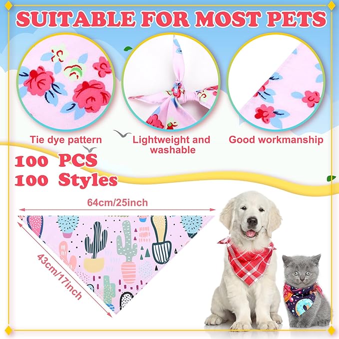 100 Pcs Plaid Dog Bandanas Bulk Pet Bibs Colorful Triangle Scarf Plaid Pet Bandanas for Medium Large Dogs Spring Summer Birthday Costume Decoration