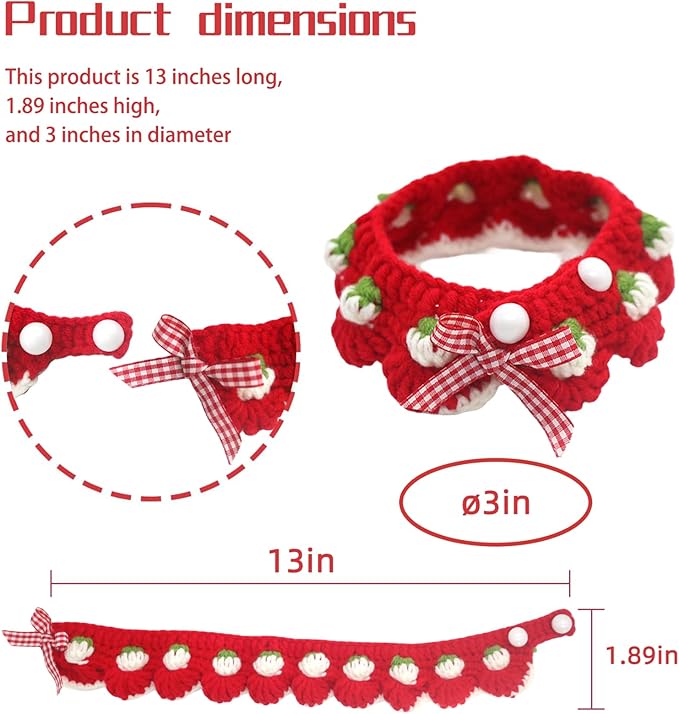 Cat Collar Breakaway, Kitten Collar with Cute Bow Tie and Strawberry Pattern Comfortable for Kitty and Small Puppies, Bandana Fits Neck 2-3 Inches(S)(red)
