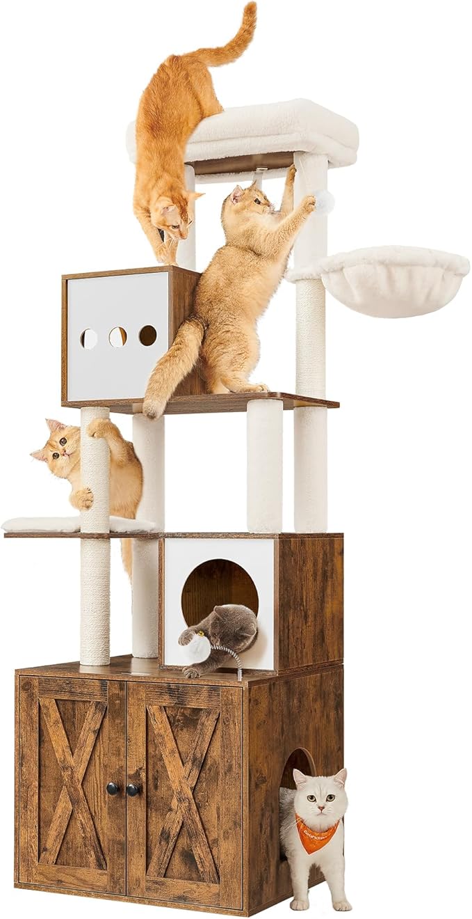 Feandrea Cat Tree with Litter Box Enclosure, 70.1-Inch Tall Cat Tower, 2-in-1 Modern Condo with Scratching Posts, Perch, Caves, Basket, Washable Cushion, Rustic Brown UPCT116X01