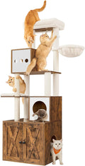 Feandrea Cat Tree with Litter Box Enclosure, 70.1-Inch Tall Cat Tower, 2-in-1 Modern Condo with Scratching Posts, Perch, Caves, Basket, Washable Cushion, Rustic Brown UPCT116X01