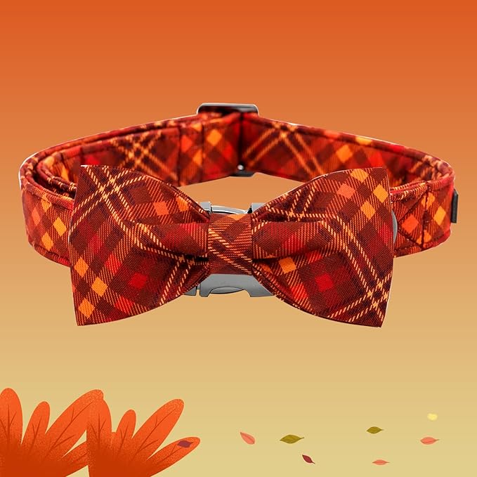 Fall Dog Collar, Pet Collar Bow Plaid Pet Collar Girl Boy Holiday Pet Collars Gift Bow Dog Collar Cute Soft Puppy Collar for Large Dogs