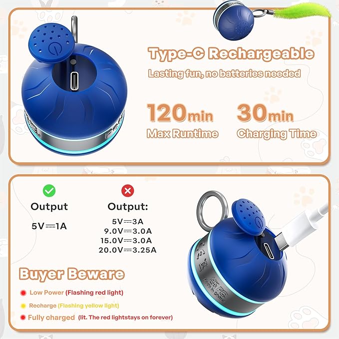 Interactive Cat Toy Ball Automatic Interactive Cat Toys for Indoor Cats with Birdsong 3 Tails 3 Modes Newly Upgraded Speedy 2.0 Tail Cat Toys for Kitten/Small/Medium/Large Cats to Keep Them Busy(Blue)