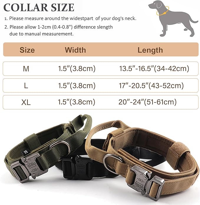 Tactical Dog Collar, Adjustable Military Training Nylon Dog Collar with Control Handle and Heavy Quick-Release Metal Buckle for Small Medium Large Dogs, Green M
