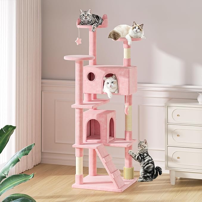 MoNiBloom 77 Inch Cat Tree Tower for Indoor Cats Large Adults, Tall Cat Tower with Scratching Post, Multi-Level Furniture Activity Center with Cat Condo Pet Play House, Soft Pink