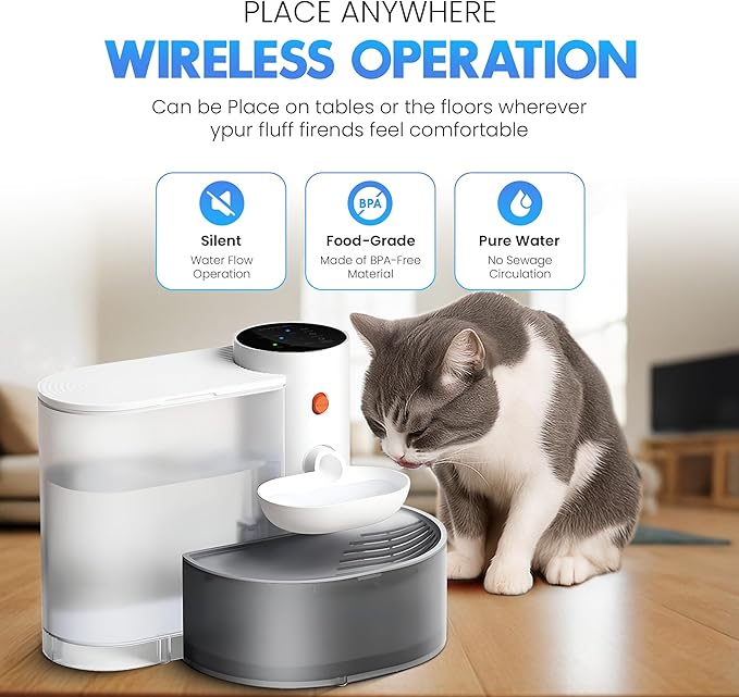 Smart Wireless Cat Water Fountain, 3L Automatic Pet Water Dispenser for Cats & Small Dogs, Ultra Quiet, Cordless Pet Fountain, No Filter, Self Cleaning for Always Fresh Water