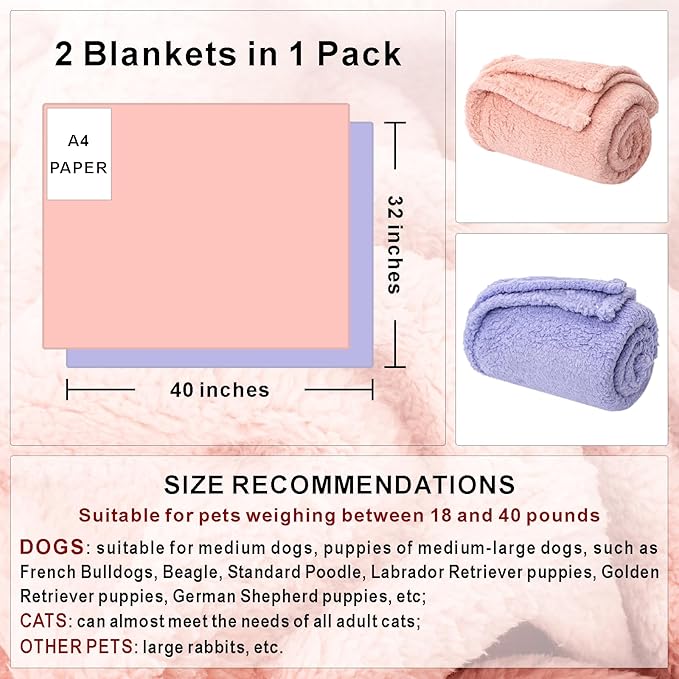 2 Blankets, Dog Cat Pet Blanket, Soft Warm Fleece, for Puppy, Small Dogs or Kitten, Cats, Plush Fuzzy Blanket for Bed, Sofa, Travel (40" x 32", 2/Pack, Lavender+Pink)