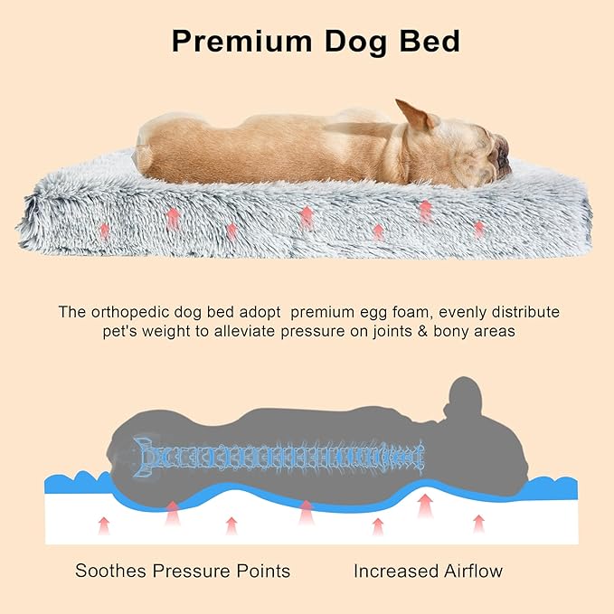 Fluffy Orthopedic Dog Beds for Large Dogs with Washable Removable Cover Dog Crate Bed Egg Crate Foam Support Plush Pet Pad Mat with Anti-Slip Bottom(Grey,42 * 28)