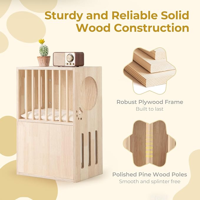 Tangkula 2-Tier Luxury Wood Cat House, Wooden Kitten Cage Condo with 2 Washable Plush Cushions, 2 Access Holes, Indoor Pet Playpen Cat Catio End Side Table Nightstand, Ventilated Cat Bed Furniture